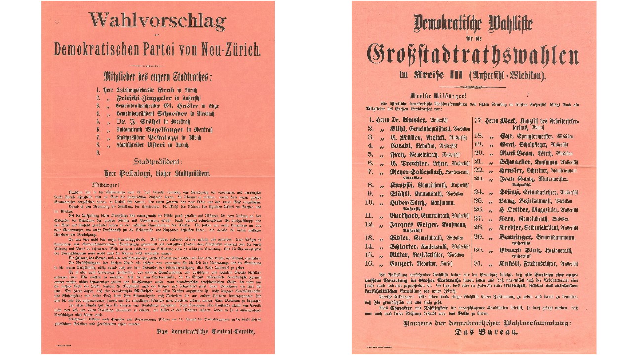 1892, Erneuerungswahlen: Wahlvorschlag für die Mitglieder des Stadtrats (links) und Wahlliste für die Mitglieder des Grossstadtrats (rechts) der Demokratischen Partei Zürich.